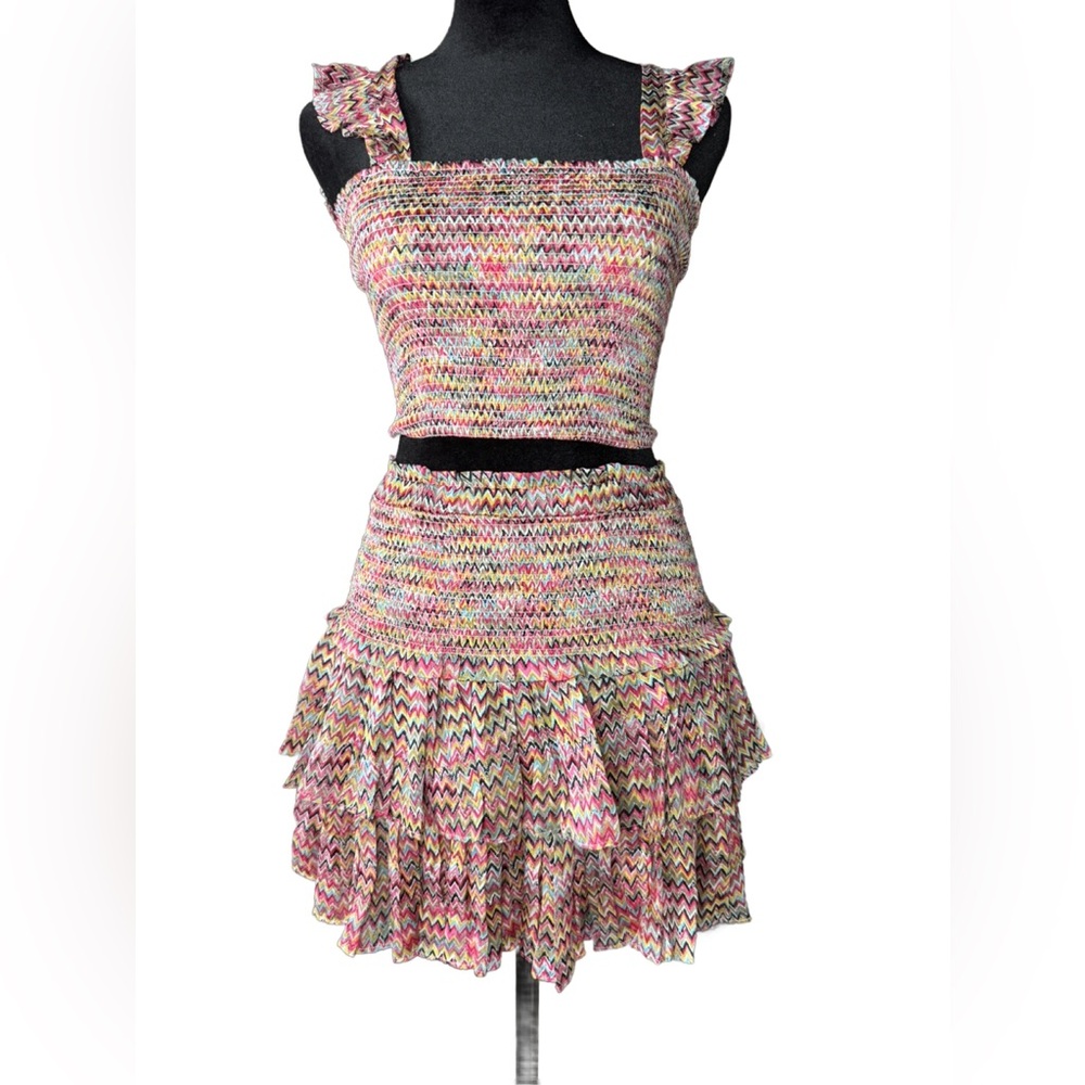 Reset by Jane two piece smocking mini skirt and top set, flame stitch, Sz S